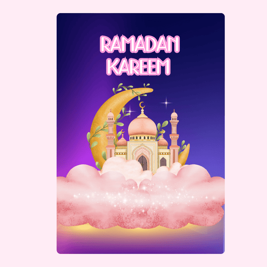 Ramadan Kareem greeting with mosque on clouds