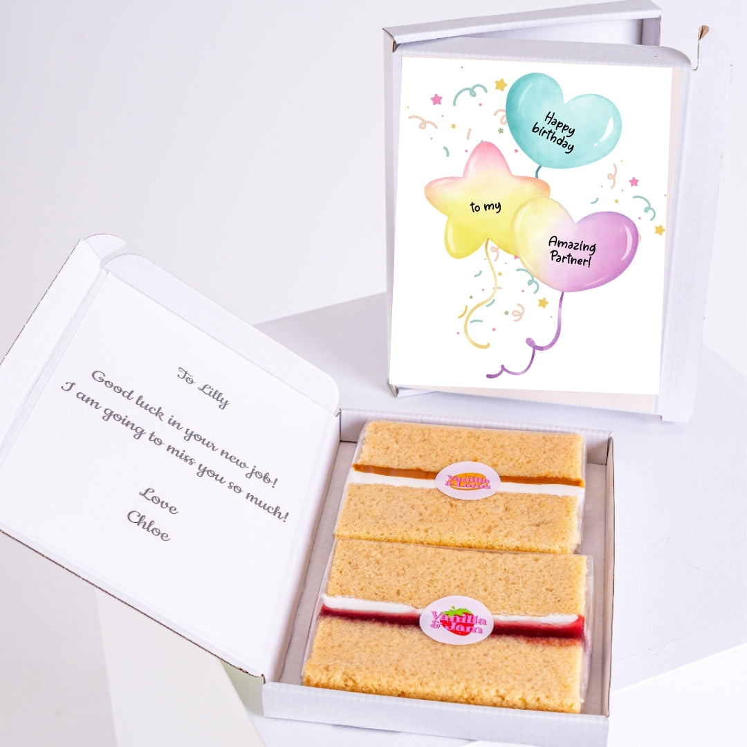 Letterbox cake gift with fun birthday balloon design for partner