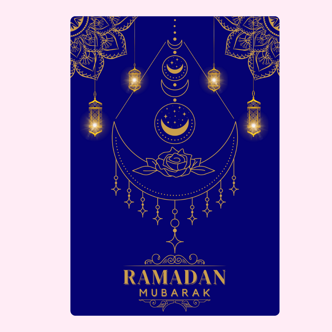 Ramadan Mubarak greeting card with crescent moon and lanterns