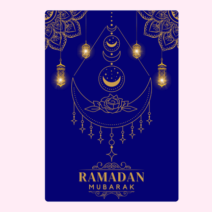 Ramadan Mubarak greeting card with crescent moon and lanterns