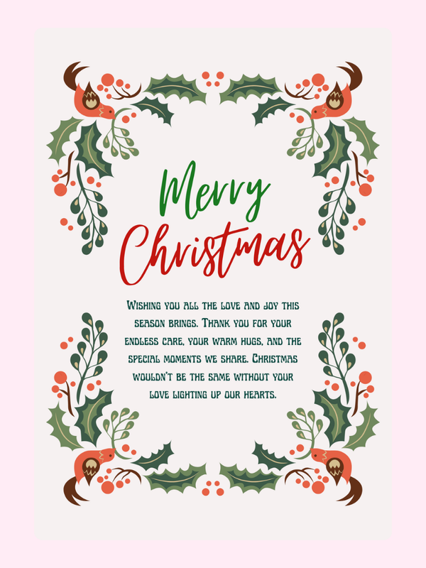 Merry Christmas card with holly and birds