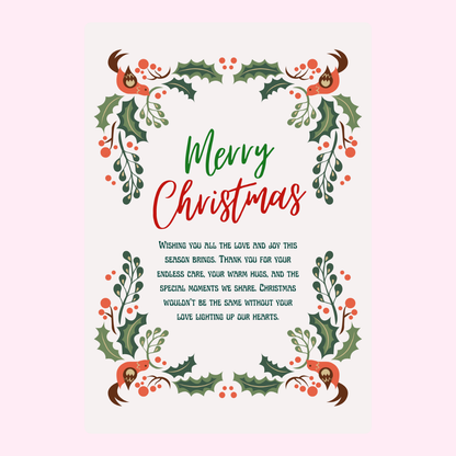 Merry Christmas card with holly and birds