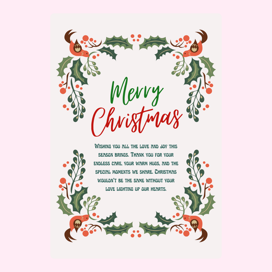 Merry Christmas card with holly and birds