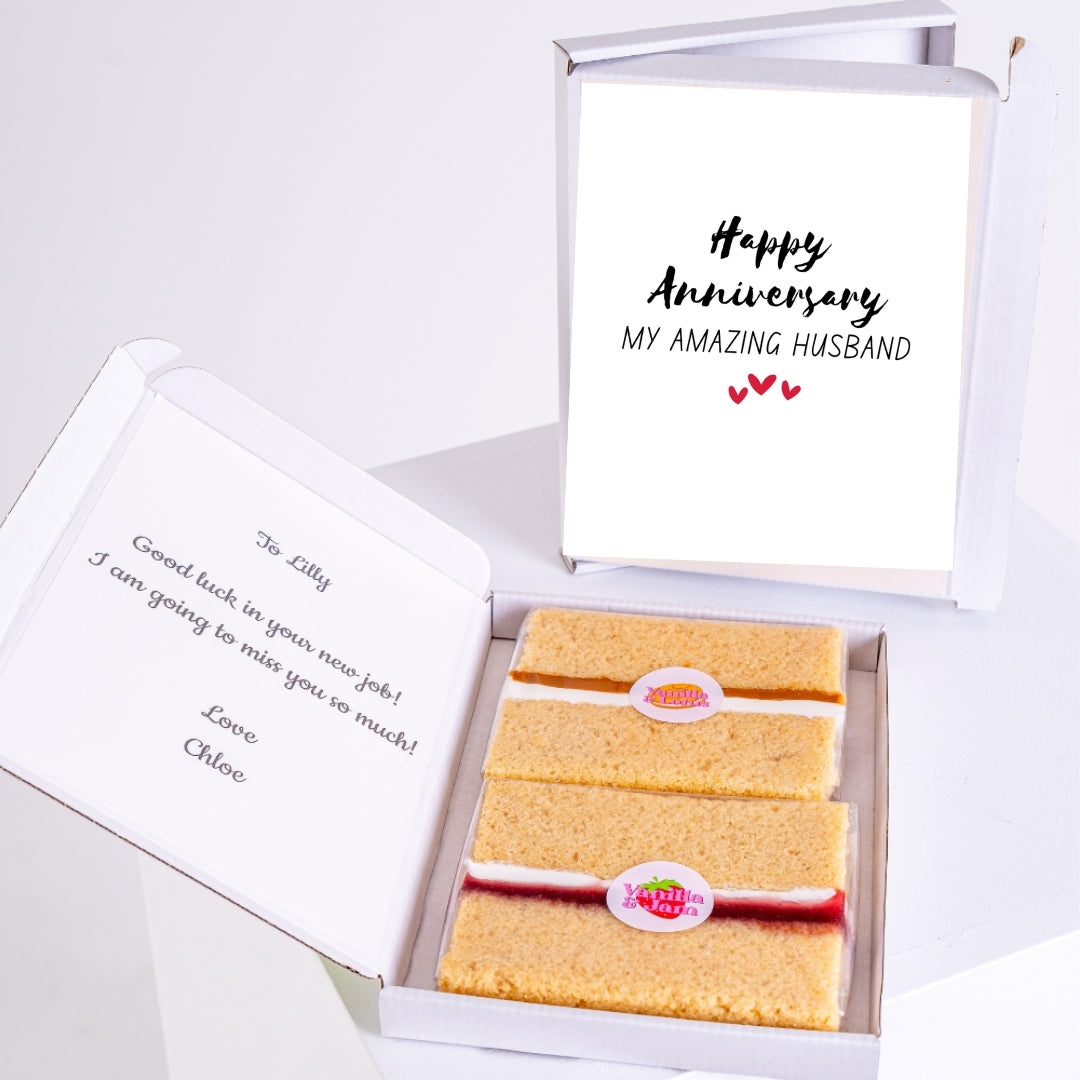 Letterbox cake gift with anniversary message for husband and personalised note inside the box.