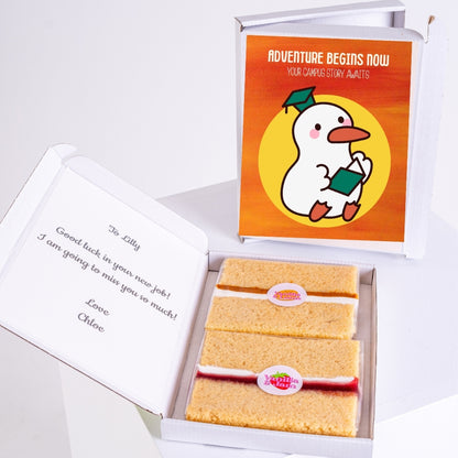 Letterbox cake gift with duck graduation design.