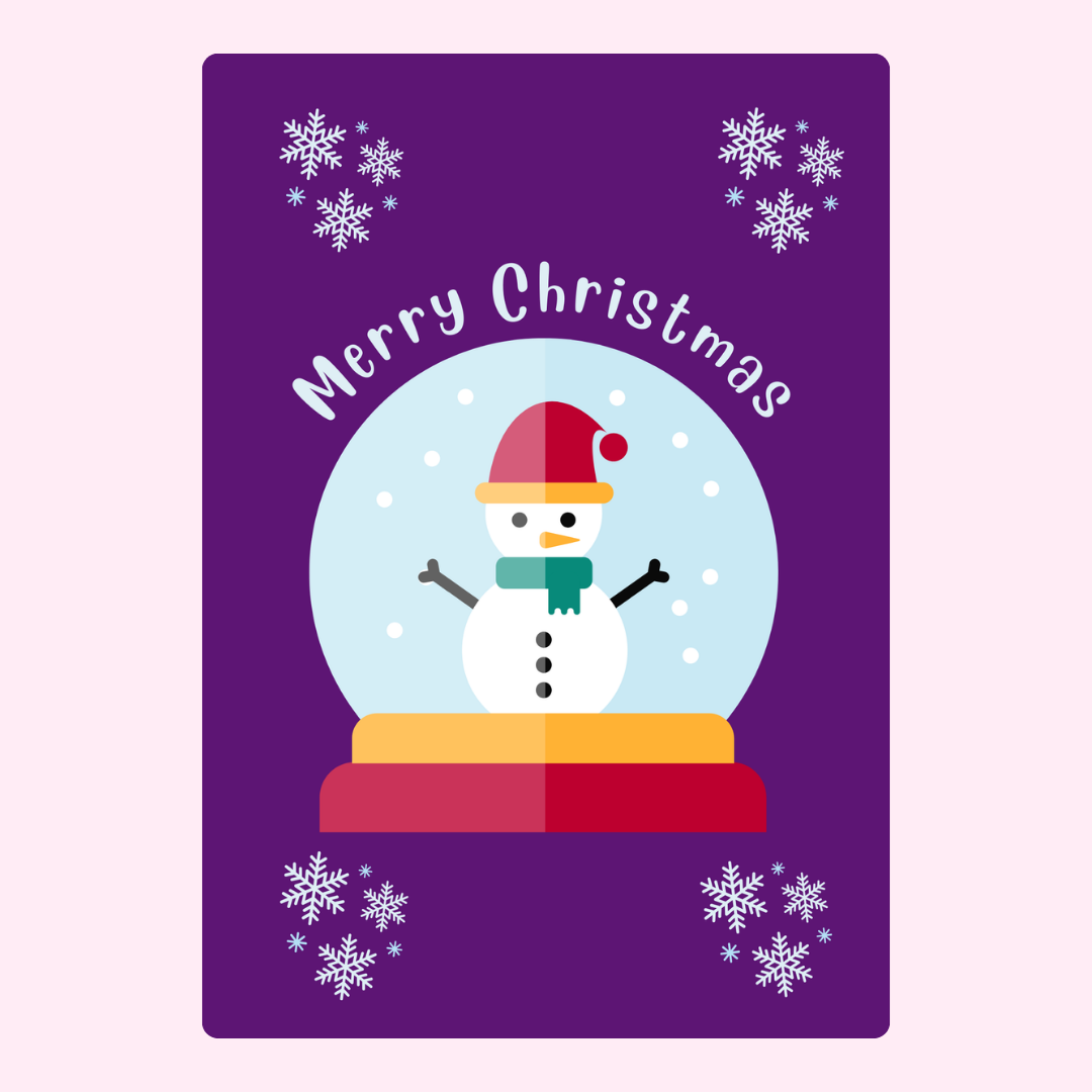 Christmas card with snowman in a snow globe