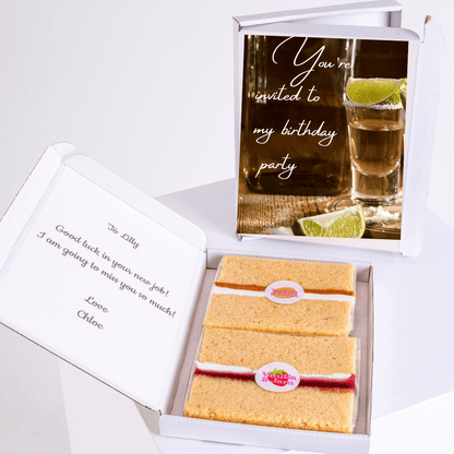 Birthday party invitation with cake and tequila shot