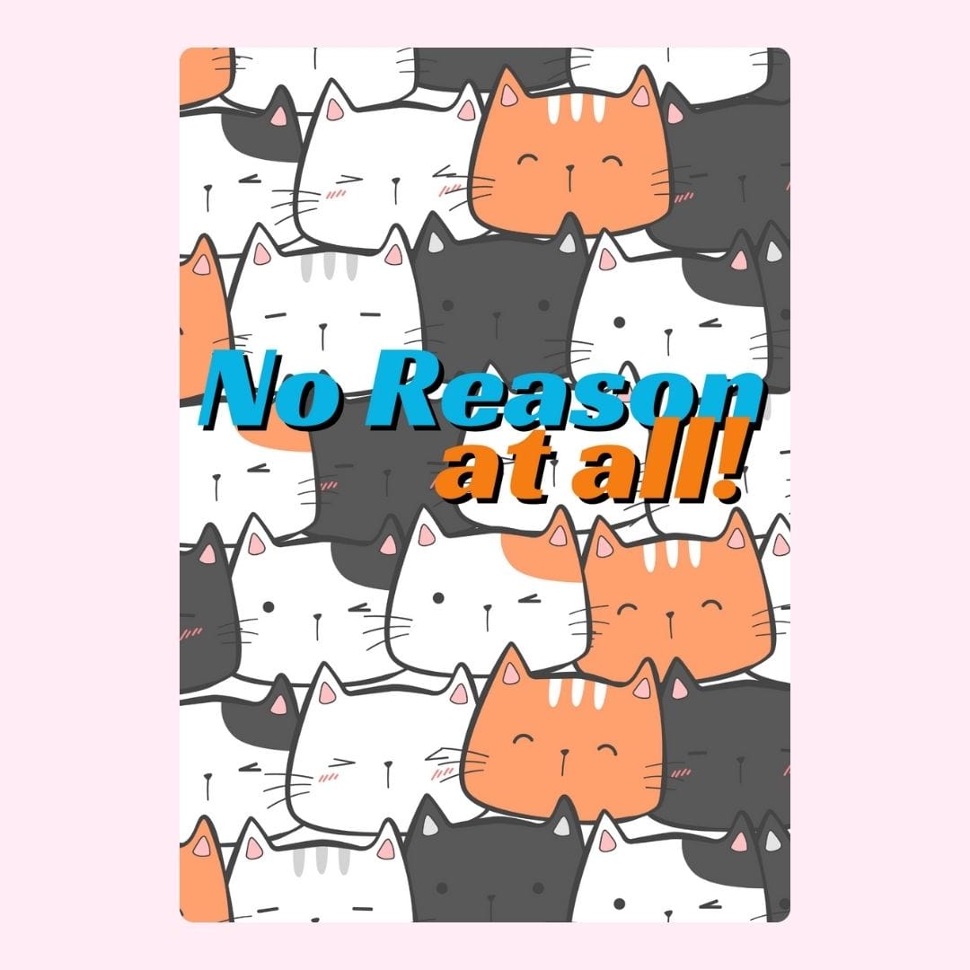 Cartoon cats with No Reason at all! text.