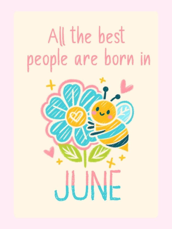 June birthday card with bee and flower