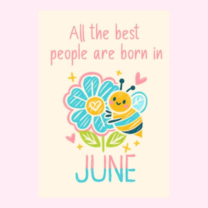 June birthday card with bee and flower