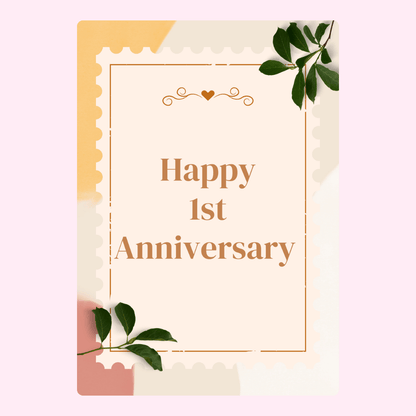 Happy 1st Anniversary card with floral accents.