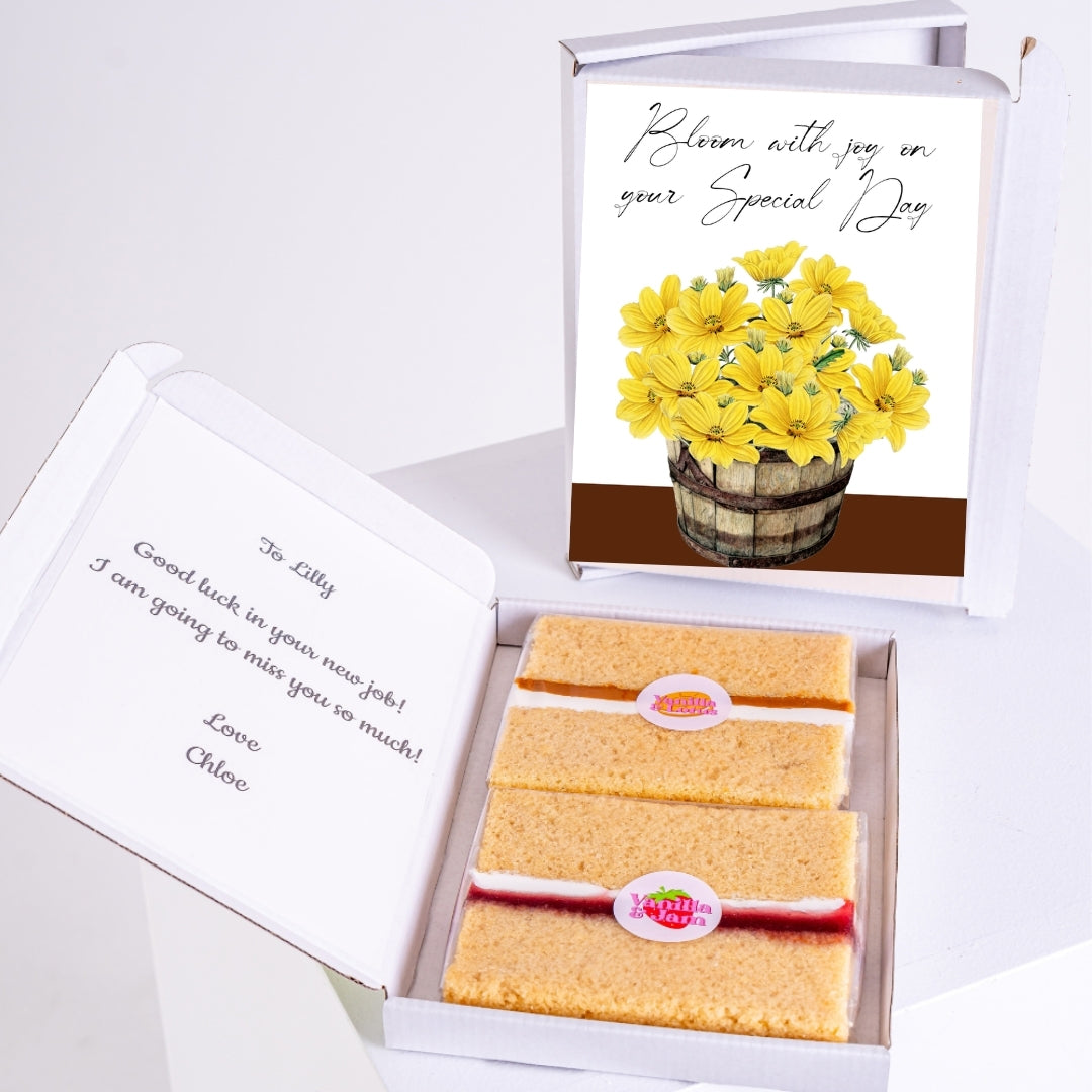 Vanilla sponge slices with a printed personal message inside the box