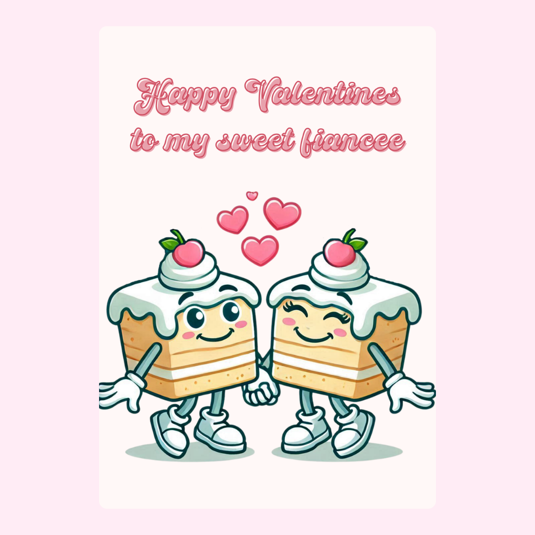 Valentine's Day card with cake characters, Happy Valentines to my sweet fiancee