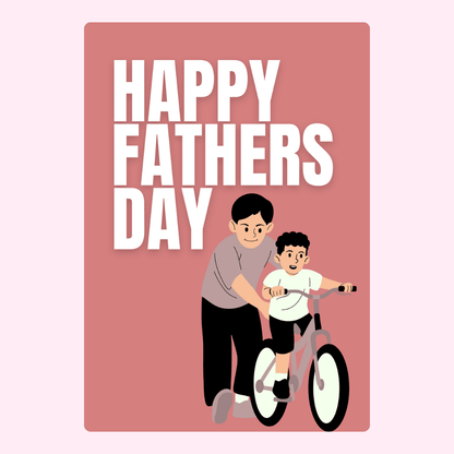 Happy Fathers Day card with father and son on a bike