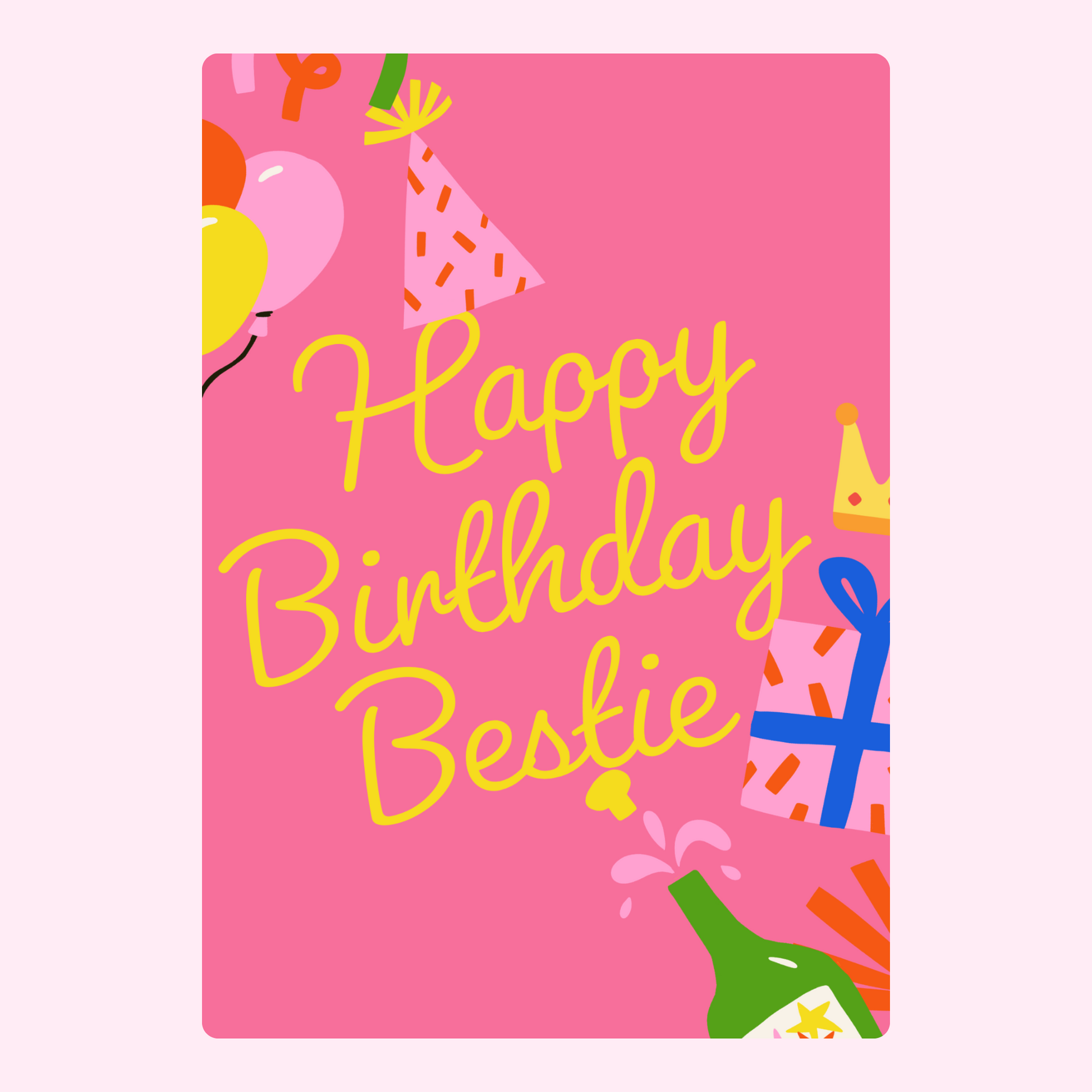 Happy Birthday Bestie card with party decor