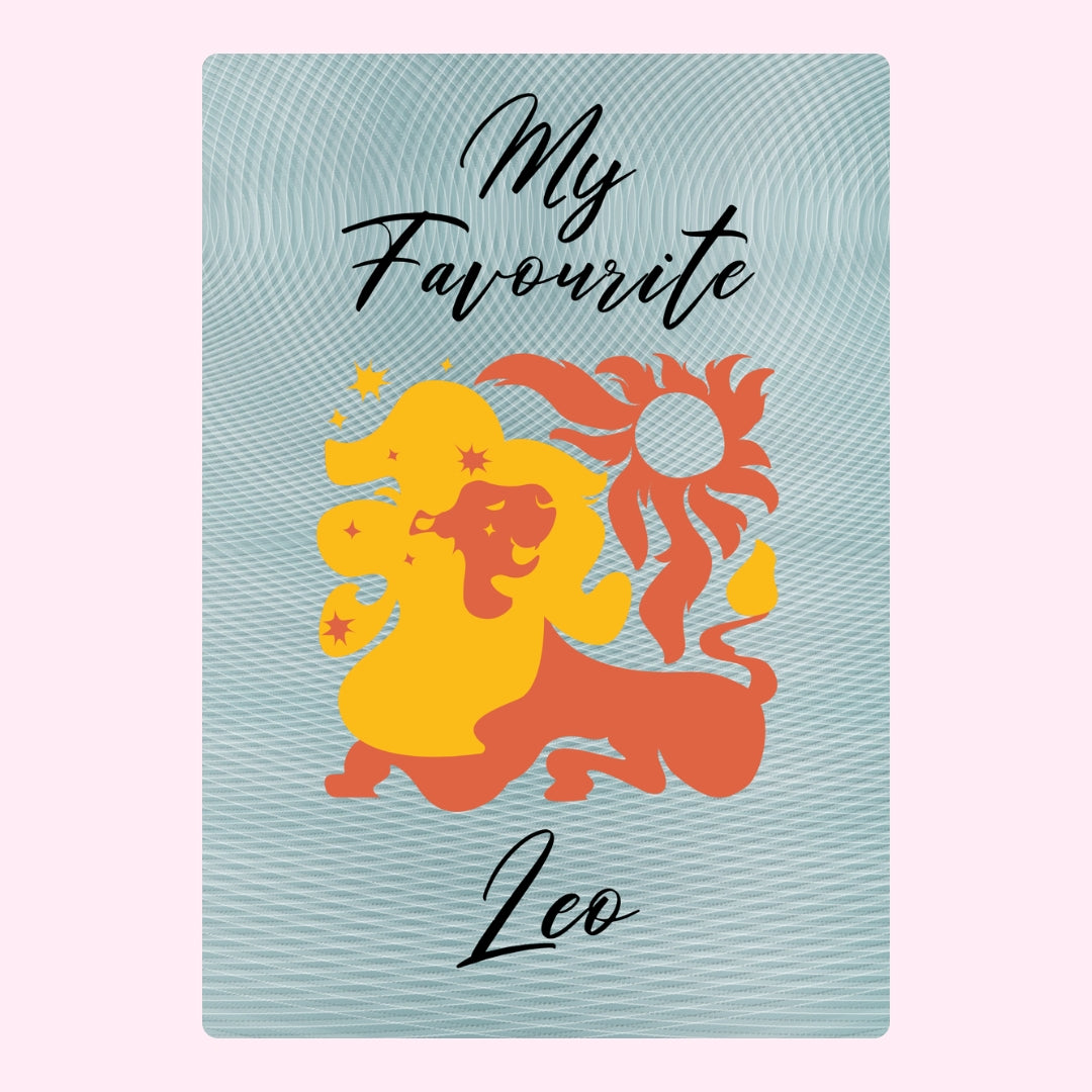 Light blue design with orange lion, sun, and text "My Favourite Leo.