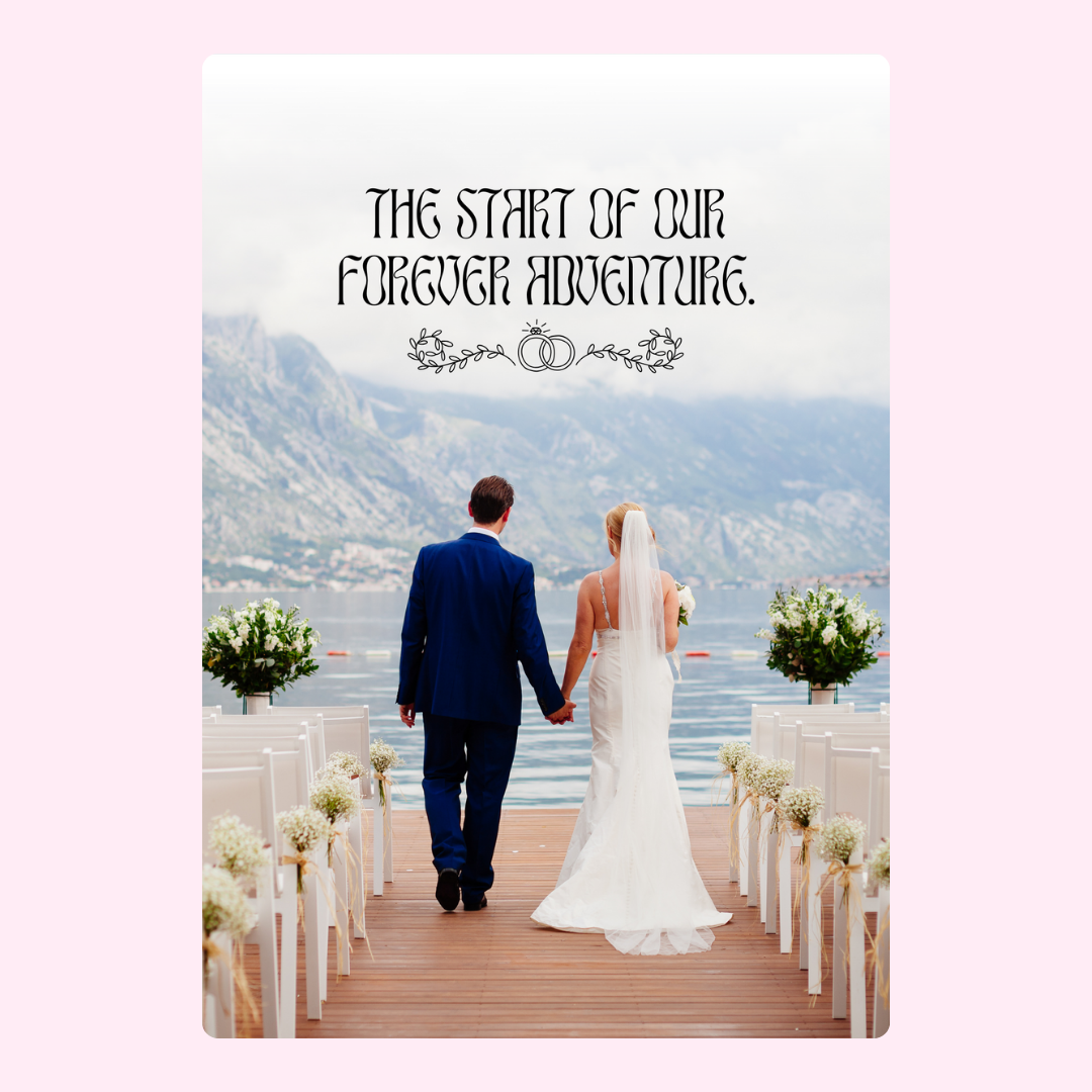 Wedding couple walking toward Forever Adventure