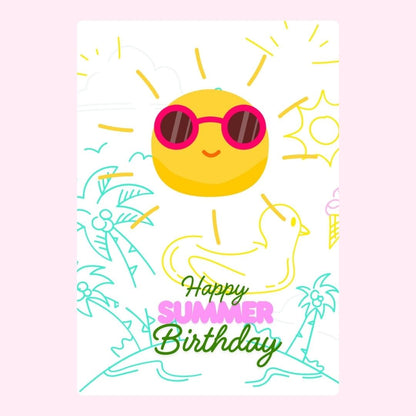 Summer birthday card with a smiling sun wearing sunglasses