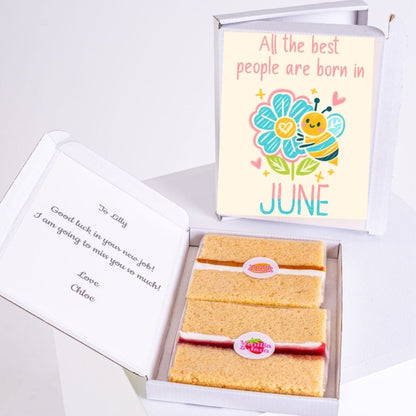 Cake slices in a gift box with a card.