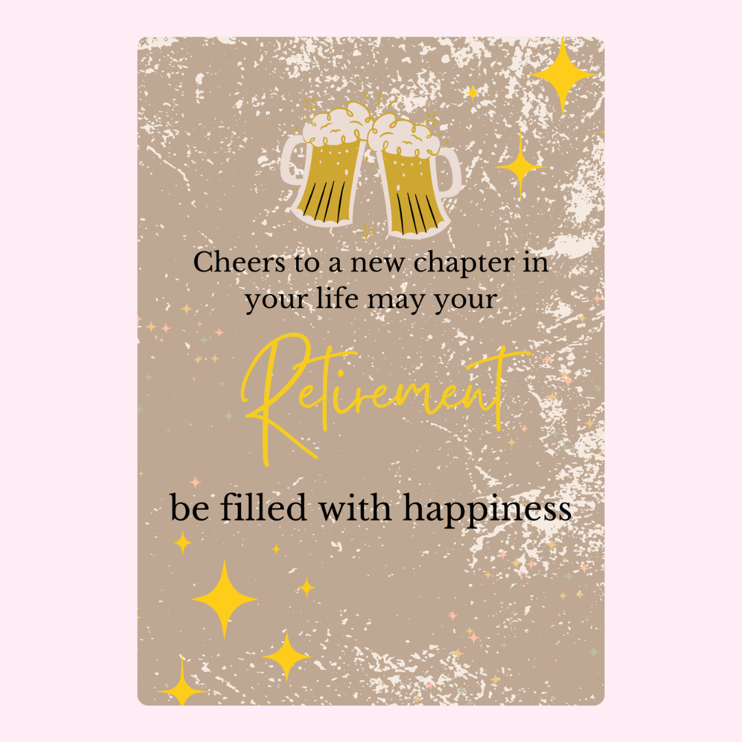 Retirement cheers card with beer mugs and well wishes.