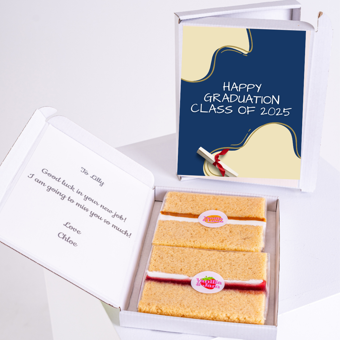 Graduation cake box with Happy Graduation Class of 2025 & note.