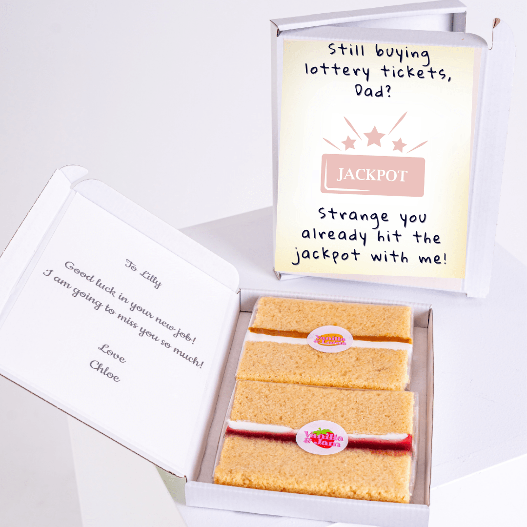 Gift box with cake and lottery-themed message for Dad.