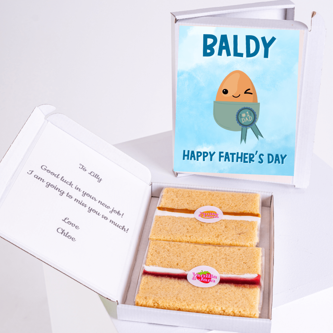 Father's Day cake box with Baldy card and goodbye note.