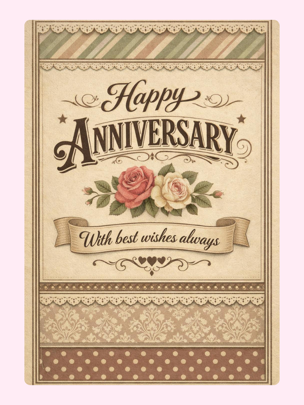 Vintage Roses With Best Wishes Anniversary Cake Card letterbox cake card with freshly baked cake slices
