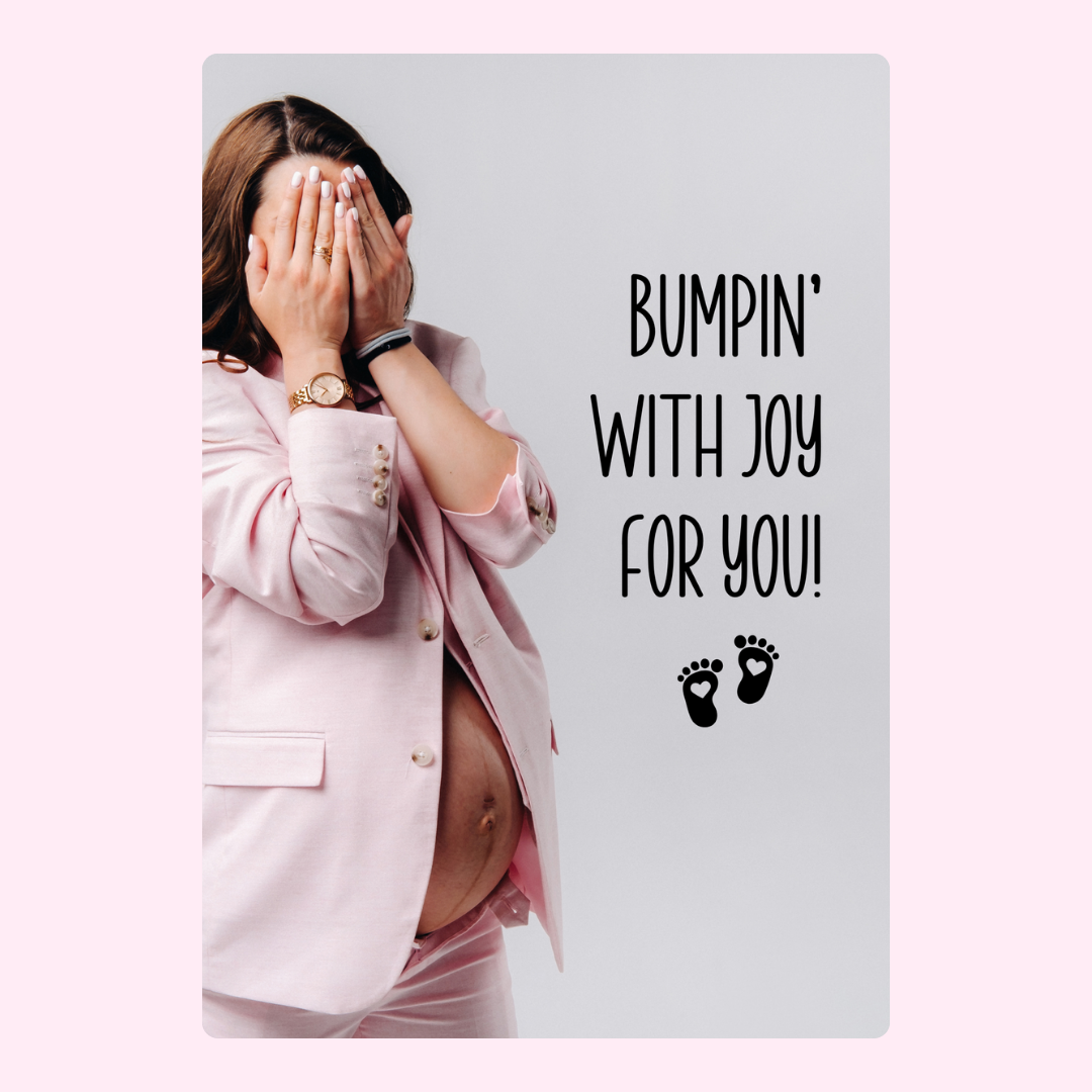 Pregnant woman with Bumpin' With Joy message