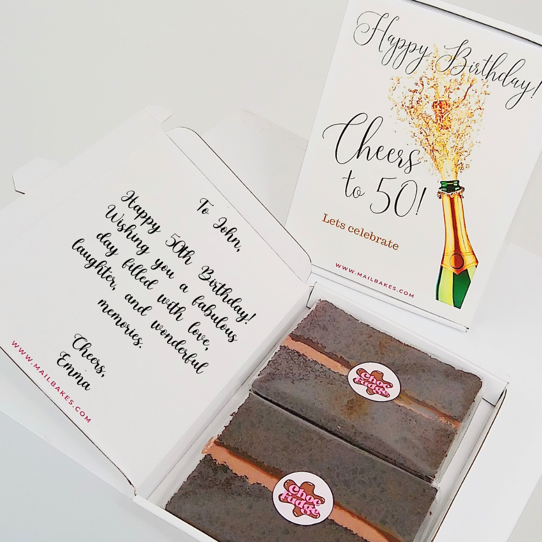 Birthday gift box with Cheers to 50! and chocolate brownies