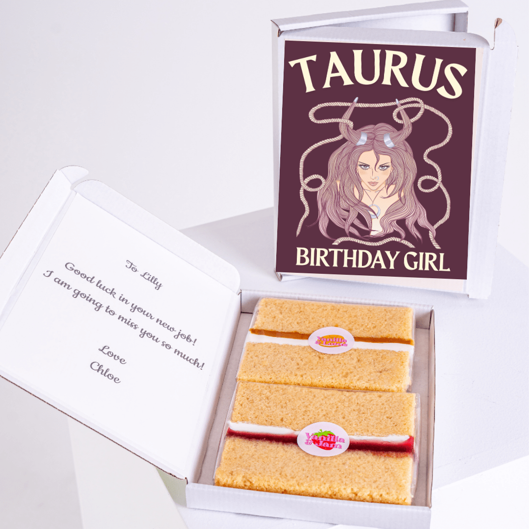 Taurus birthday cake gift box for Lilly - farewell message.