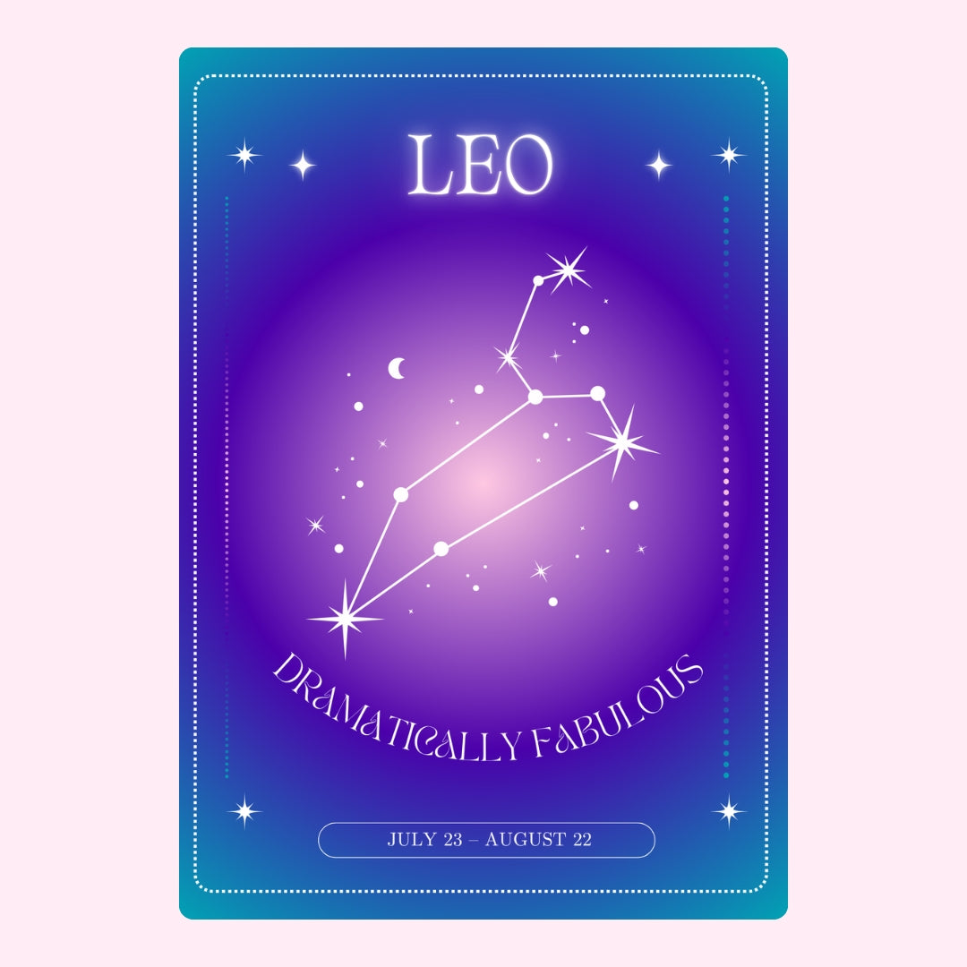 Leo constellation on purple-blue background with stars and date range