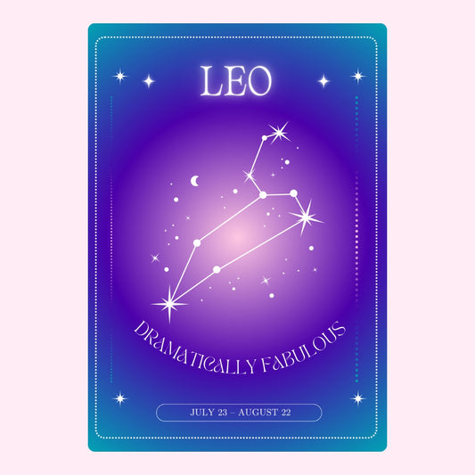 Leo constellation on purple-blue background with stars and date range