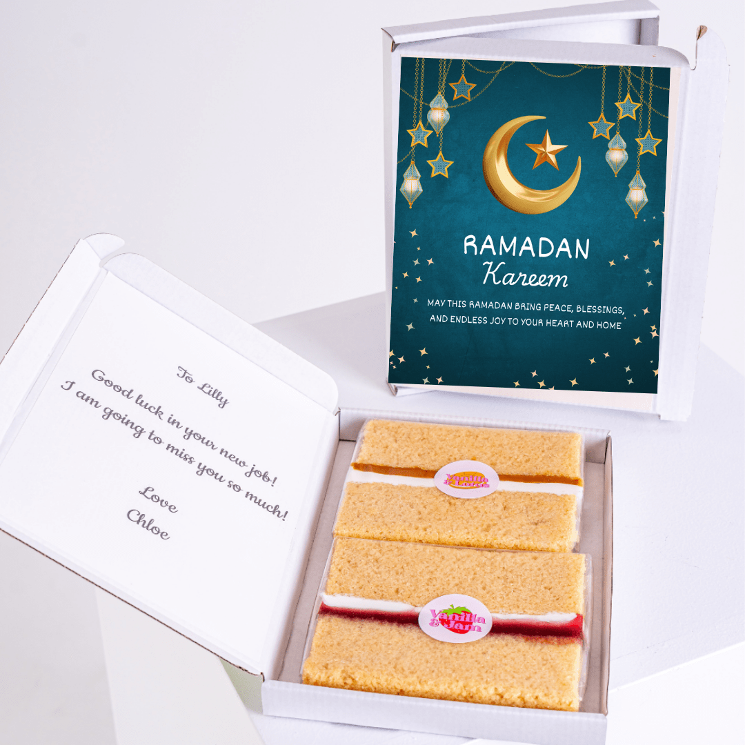 Ramadan Kareem gift box with cake, card for Lilly.