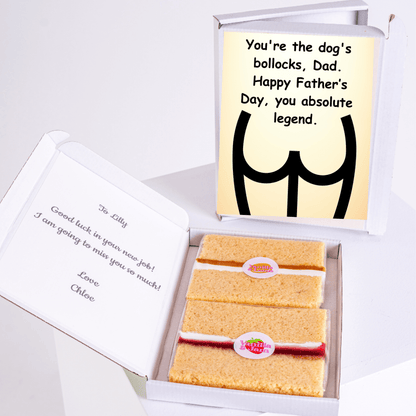 Father's Day gift box with cake and funny Dad card.