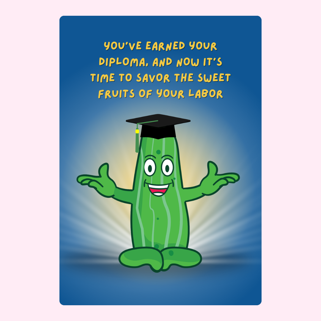 Graduation card with smiling fruit character,...