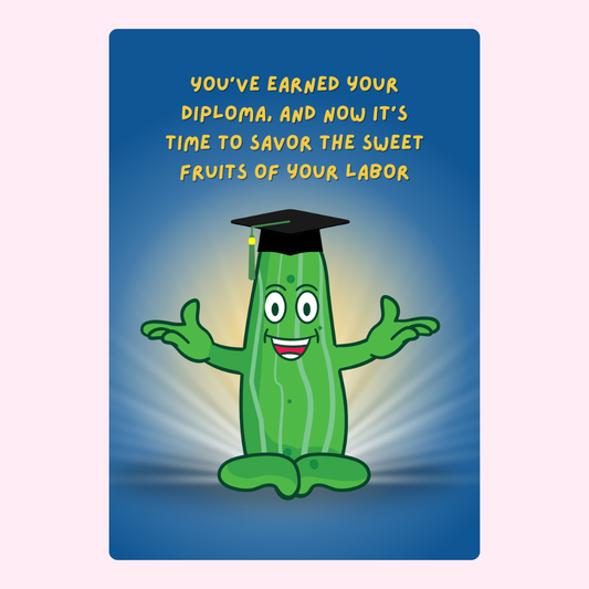 Graduation card with smiling fruit character,...
