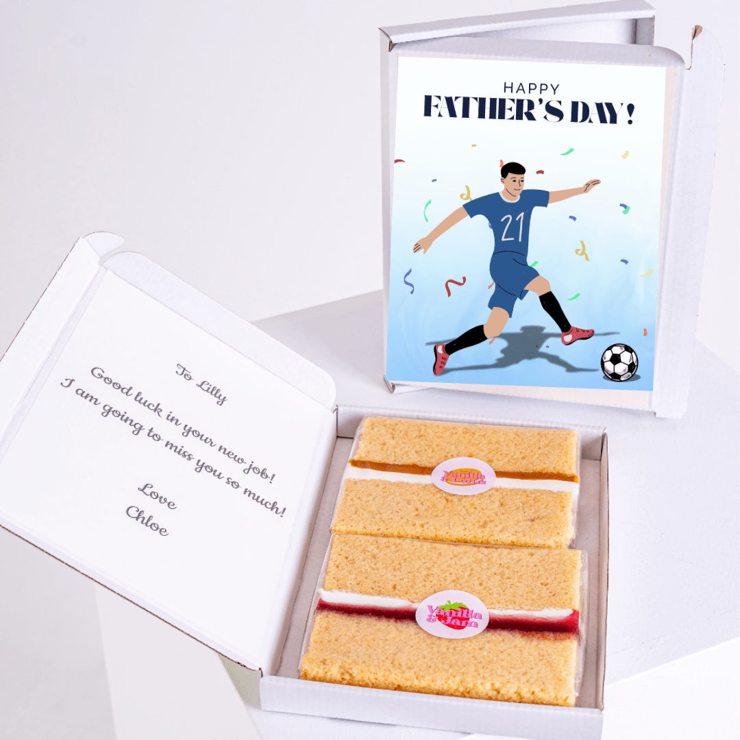 Father's Day gift box with cake, soccer card, & note to Lilly