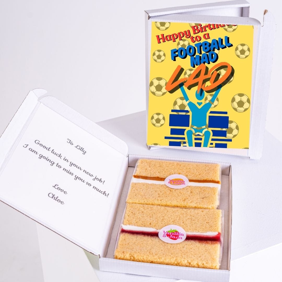 Birthday cake for a football fan, with a Happy Birthday card.