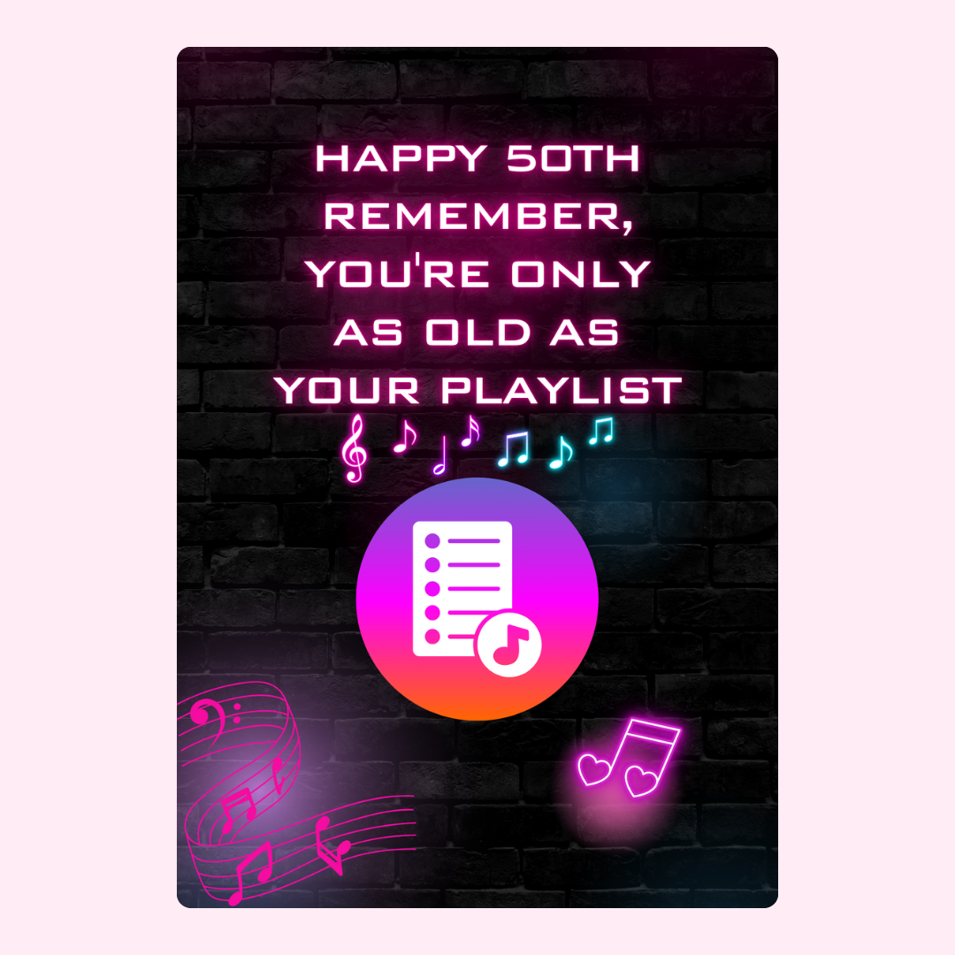 50th birthday card with music playlist theme