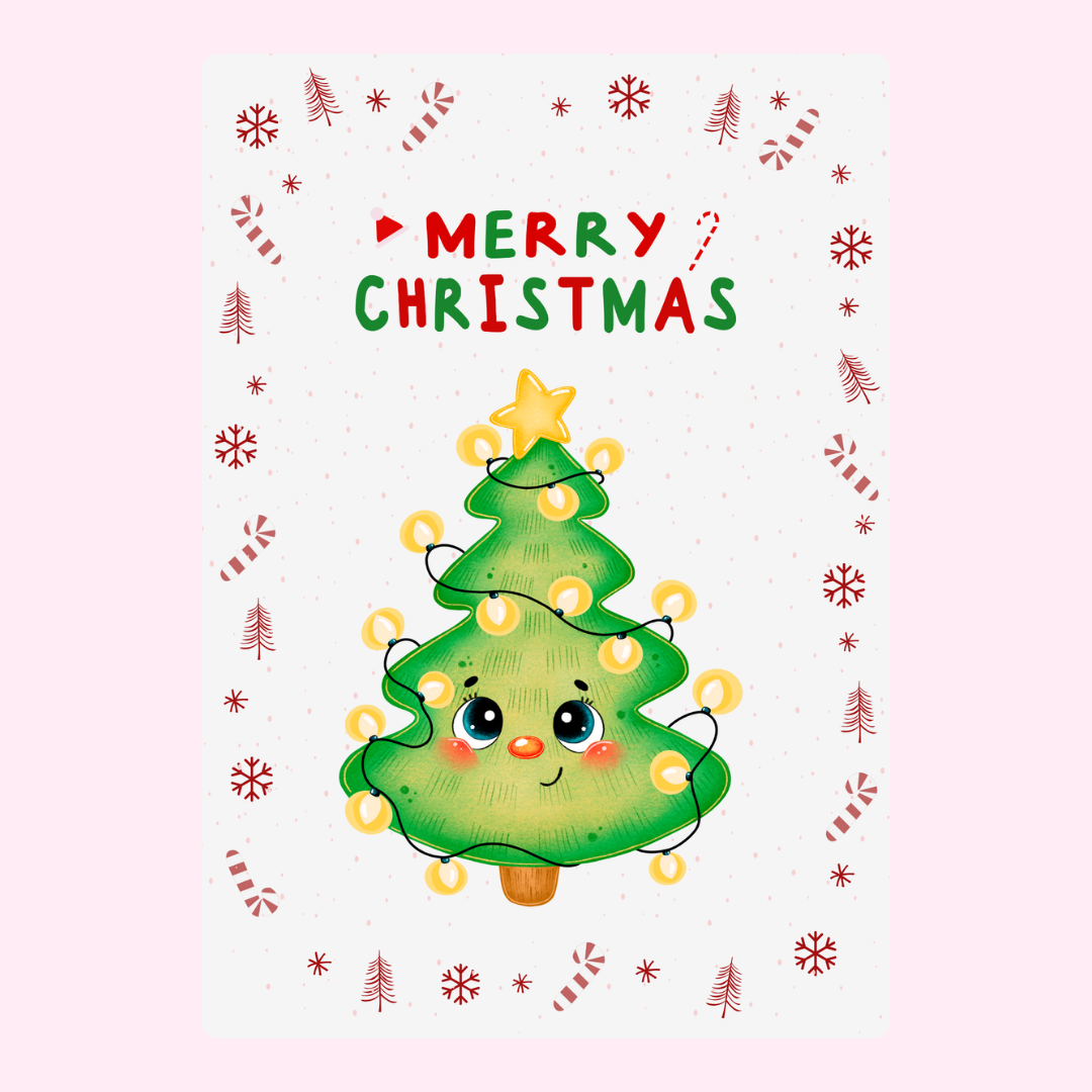 Christmas card with a cute cartoon tree.
