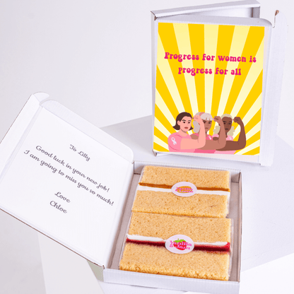 Cake gift box with Progress for women card, farewell message.