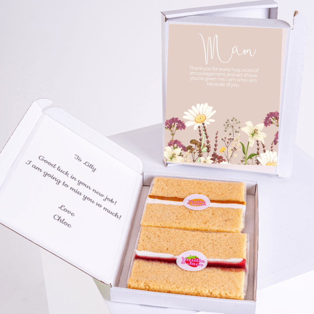Cake gift box for Lilly, with Mam card and message from Chloe.