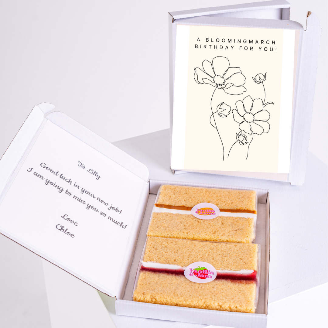 Blooming March birthday gift for Lilly, with cake and card.
