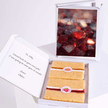 Cake gift box with Happy 40th Anniversary card and message for Lilly.