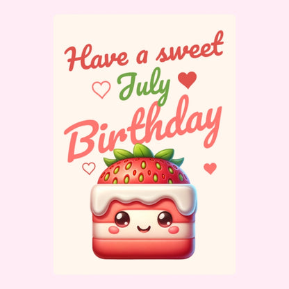 Sweet July birthday card with cute strawberry cake illustration