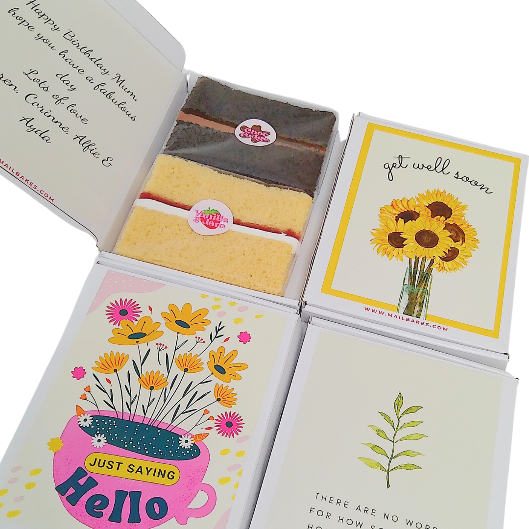 Birthday cake and cards in gift box, Get Well Soon & Hello