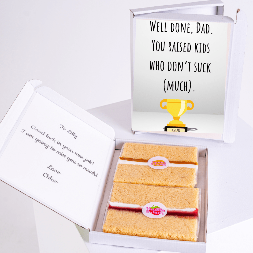 Cake box with Well Done Dad card and message for Lilly.