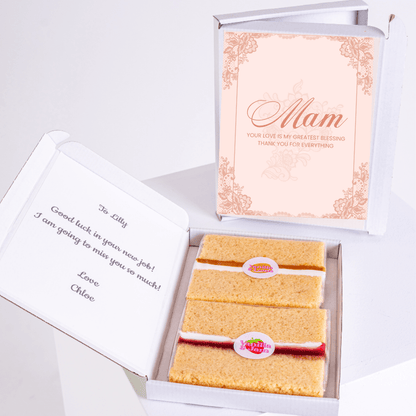 Cake box for Lilly & Mom, with message & cake slices