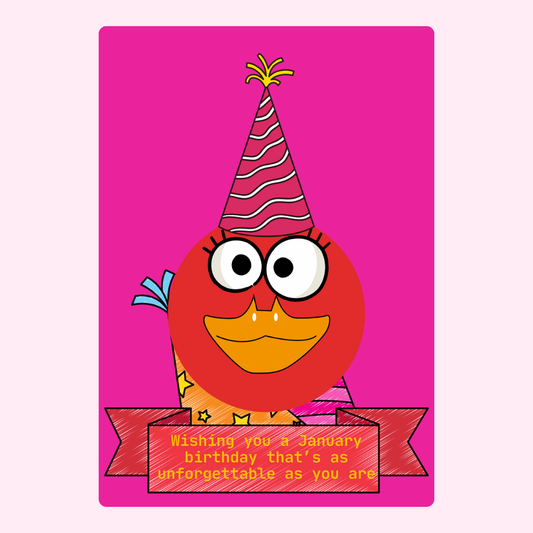 January birthday card with cartoon character